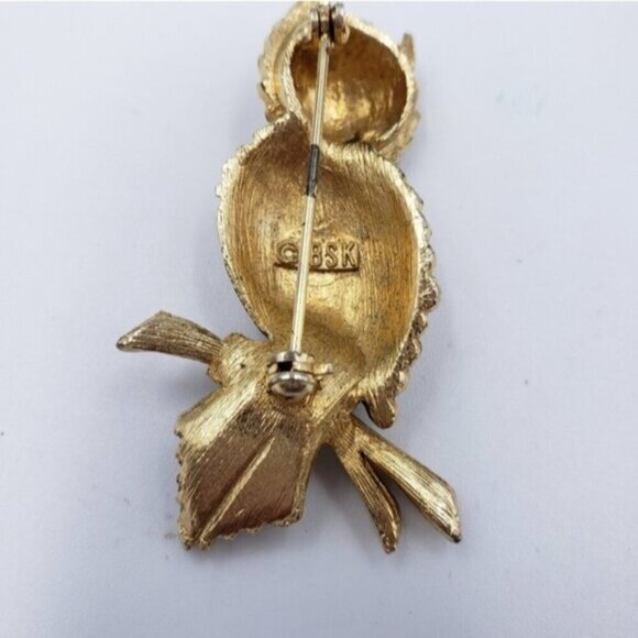 Vintage BSK Owl Brooch on Branch Gold Tone Red Glass Eyes - Picture 8 of 11